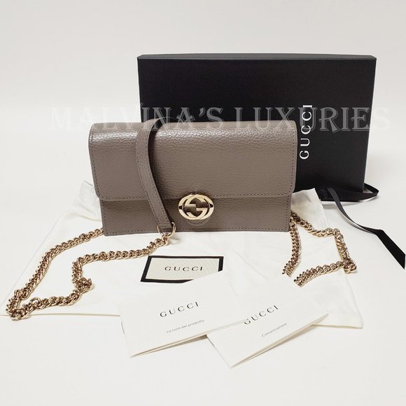 GUCCI WALLET 615523 DOLLAR INTERLOCKING G LOGO CHAIN CROSSBODY BAG GRAY LEATHER - Picture 2 of 16